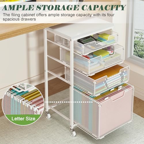 Sbanmao 4 Drawer Rolling File Cart with Wheels, Mobile Filing Cabinet for Home Office, Hanging File Organizer, Under Desk Storage, Multifunctional Utility Cart Printer Stand, White - Image 4