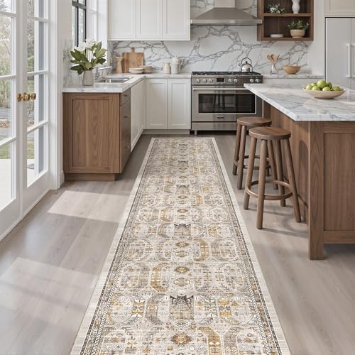 Madane Washable Runner Rugs 2x12 Long for Hallway Kitchen Soft, Brown/Gold - Image 4