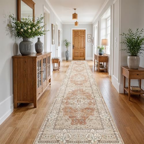 3x20 Washable Hallway Runner Rug - Non-Slip Vintage Rugs Terracotta Beige by Puino