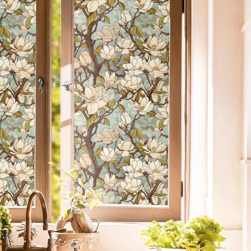 White Magnolia Floral Tree Light Blule Window Films Decorative Double-Side Privacy Film Self-Adhesive Static Glass Window Clings Stickers for Living Room Bathroom Glass Windows Decor by Unknown