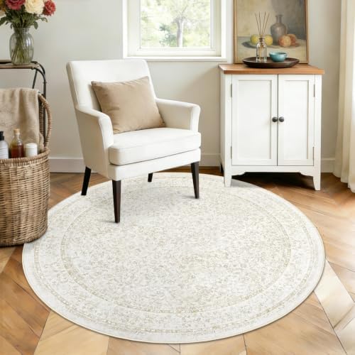 Round Rugs 4ft Vintage Floral Small Circle Rug, Washable Non Slip Soft Low Pile Stain Resistant Carpet for Living Room Bedroom Entryway Dining Room (FloralBeige, 4' Round) - Image 3
