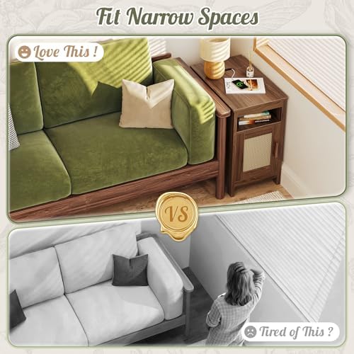 Huuger Narrow Night Stand, End Table with Charging Station, USB-C Port, Rattan Side Table with Cabinet and Open Shelf, Synthetic Rattan, for Small Spaces, Bedroom, Walnut - Image 3