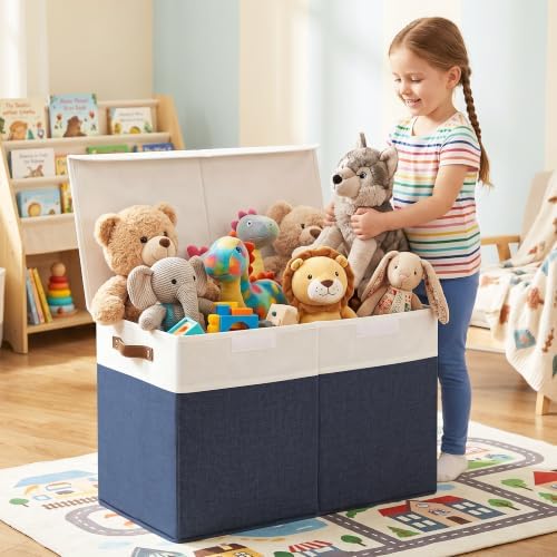 Bagnizer Large Toy Storage Box with Lids, Collapsible Sturdy Baby Storage Organizer Chest Bin Basket for Kids, Boys, Girls, Playroom, Nursery, Bedroom, Closet 25"x13"x16" (Navy Blue and White) - Image 2
