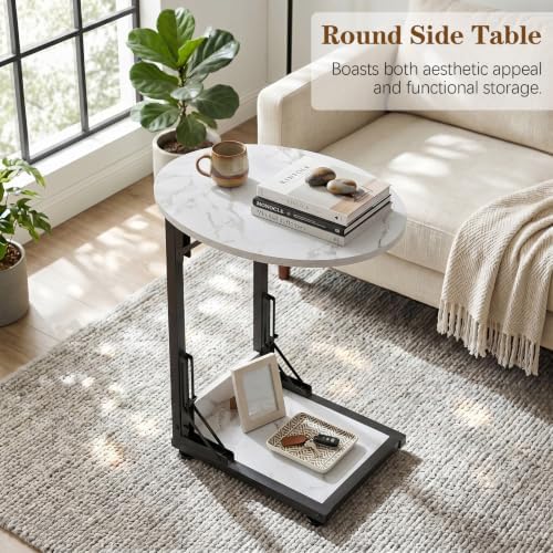 Folding Side Table, C Shaped End Table with Metal Frame, Round Couch Table & Slide Under Sofa TV Tray Table for Living Room, Bedroom, Small Spaces (Marble White) - Image 6
