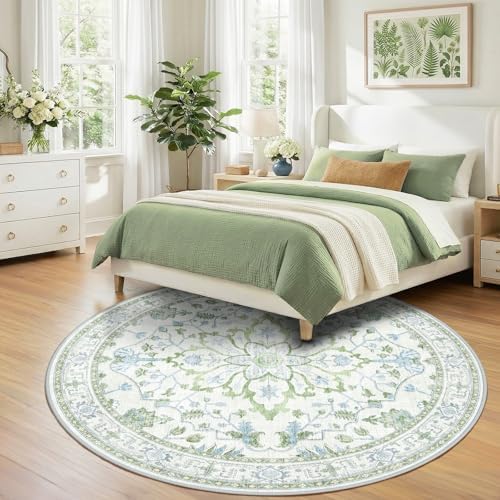 RELEANY Washable Area Rug, Round 8ft, Green/White/Blue - Image 3