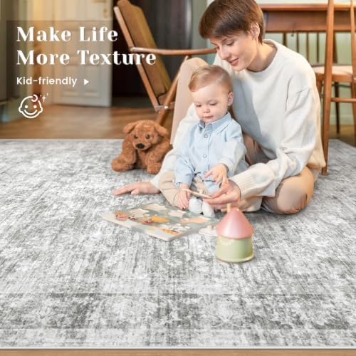 6x9 Area Rugs for Living Room: Washable Vintage Floral Rug Low Pile Non-Slip Boho Carpet for Bedroom Nursery Dining Room (Grey, 6'x9') - Image 3
