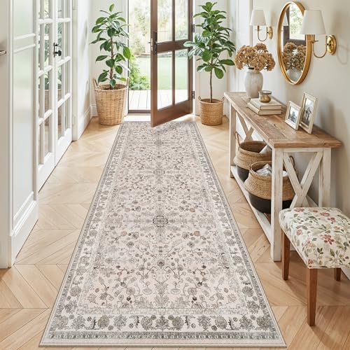 3x8 Hallway Runner Rug Washable Non-Slip – Boho Floral Soft Wide Carpet Runner for Kitchen Entryway Bathroom Bedroom – Low-Pile Thin Floor Mat with Rubber Backing (Beige,3x8) by BYYVOORugsforYourHome
