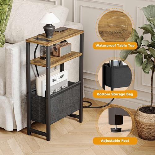 Narrow Side Table with Charging Station Slim End Table Sofa with Magazine Rack, Bedside Table for Small Spaces, 3 Tier Nightstand for Living Room Couch, Bedroom Walnut Brown LET503BRE - Image 5