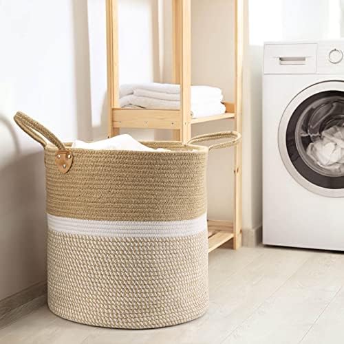 CHICVITA Large Wicker Storage Basket with Leather Handles, 16" x 16", White - Image 3