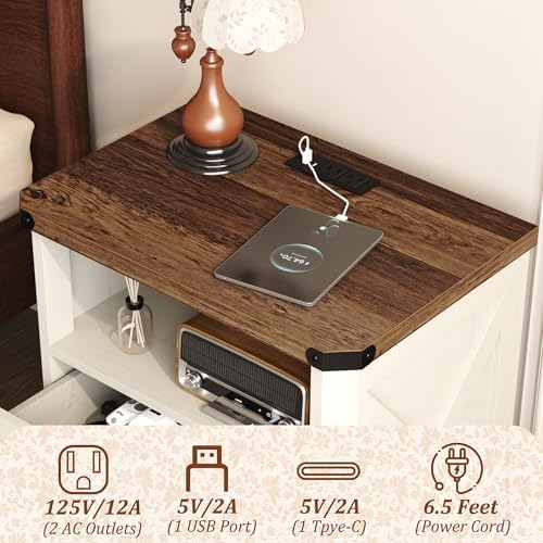 Yusong 23.62” Tall Farmhouse Nightstand, Rustic Wooden Night Stand with Charging Station, Beside Table with Drawers and Open Storage, End Tables for Bedroom, Cream White 003 - Image 5