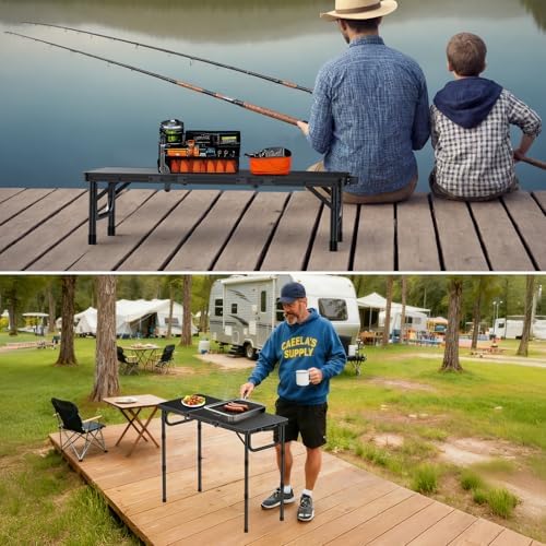 VINTEAM Tri-Folding Camping Table with 3 Adjustable Heights, Lightweight Portable Outdoor Picnic BBQ Table, Black Aluminum Folding Grill Table for Camping, RV, Beach, Fishing & Backyard - Image 4