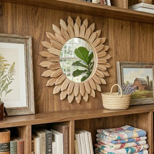 24" Round Sunburst Wooden Mirror Boho Rustic Wall Decor - Image 5