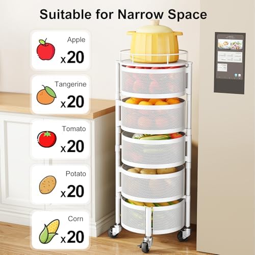 SAYZH 5 Tier Fruit Vegetable Basket Stand for Kitchen, Rotating, White - Image 4