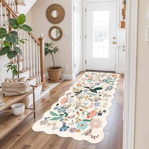 Washable 3x6 Hallway Runner Rug: Floral Scalloped Soft Runners for Entryway Kitchen Nursery Non Slip Bathroom Laundry Floor Mat Water Resistant Light Weight Carpet for Living Room Bedroom (3x6,Cream) by HYHAOYUNLAI