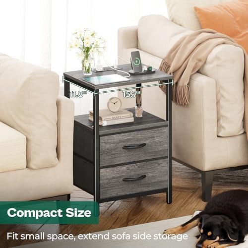 Huuger Nightstand with Charging Station, Side Table with Fabric Drawers - Image 6