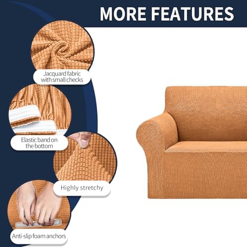 Cupuamon 2026 New Stretch Loveseat Sofa Slipcovers Couch Cover for 2 Cushion Furniture Protector Sofa Covers with Elastic Bottom Jacquard Fabric Small Checks for Pets, Kids - Golden - Image 4