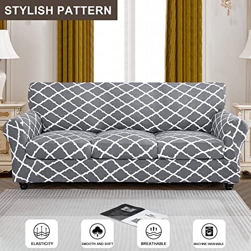 SearchI Stretch Sofa Cover Printed Couch Cover, Floral Pattern 4 Pieces Sofa Slipcover with 3 Separate Cushion Cover, Washable Furniture Protector for Living Room(Sofa, Gray+White) - Image 2