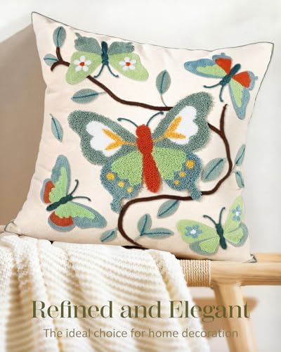 Embroidered Throw Pillow Cover 18x18 Inch, Branch Butterfly - Image 5