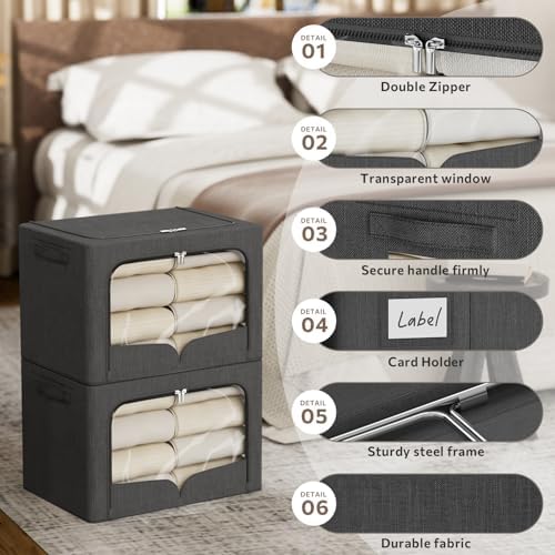 FHSQX 3 Pack Clothes Storage Bins Foldable Metal Frame Storage Box Stackable Linen Fabric Organizer Set with Carrying Handles and Clear Window (Dark Gray, 15.7x11.8x7.8inch(22L)) - Image 6