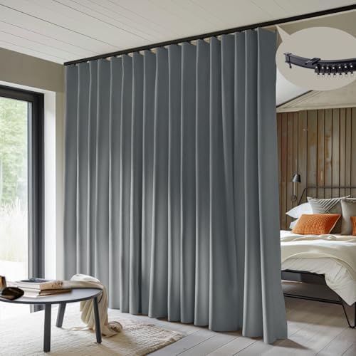 MaKefeile Room Divider Curtains with Flexible Ceiling Curtain Tracks Set,100% Blackout Floor to Ceiling Curtains Patio Sliding Door Curtains (Dark Grey Drape & Black Rail W 12.5 × H 7 FT) by Makefeileshade