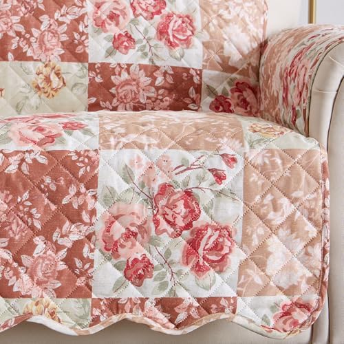 Great Bay Home Reversible Floral Patchwork Loveseat Furniture Protector - Machine Washable, Scalloped Edge, Stain Resistant, Printed Furniture Cover for Dogs, Kids, and Pets (Burgundy/Taupe) - Image 2