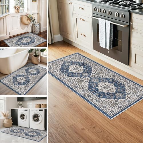 3 Pieces Kitchen Rug Sets: Farmhouse Washable Non-Slip Floor Mat for Sink Stove & Fridge Area Water Resistant Carpet for Laudry Room Entryway Soft Cozy Runners for Kids Pets Family(2x3+2x4+2x5,Blue) - Image 6
