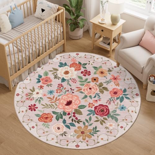 DUKINO 5ft Round Rug, Non Slip Floral Washable Small Circle Rug, Beige by DUKINO