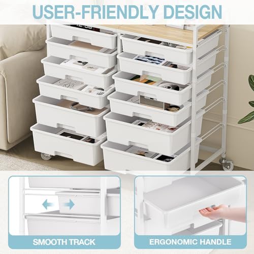 TOOLF 12 Drawers Rolling Storage Cart with Wooden Top for Classroom,White - Image 5