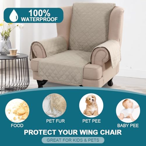 Turquoize 100% Waterproof Wing Chair Cover Wing Chair Slipcovers, Pale Oak - Image 2