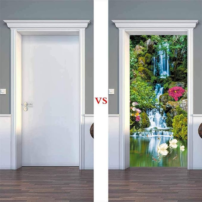 artfanke 3D Peel and Stick Door Sticker 33.5"x84.6"- Self-Adhesive Door Wallpaper Murals Decal-Waterfall Swan Wall Poster for Home Decor (2 Sheets/Set) - Image 2