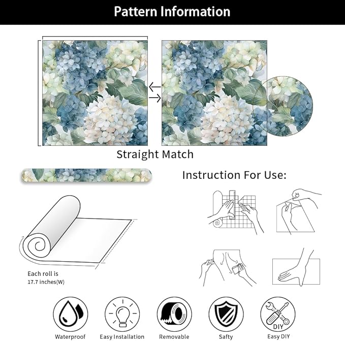 Vintage Watercolor Blue/White/Green Hydrangea Floral Peel and Stick Wallpaper Wall Decor Self Adhesive Wall Paper Stick on Easy Peel Off Contact for Renter Apartment - Image 7