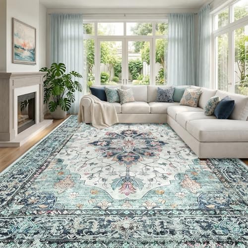 RELEANY Washable Area Rug, Large 10'x14', Teal Green/White/Navy by RELEANY