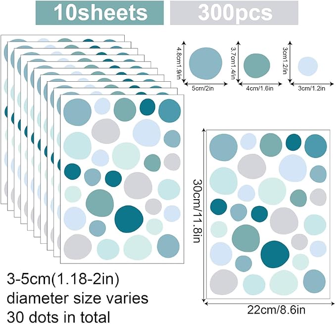 300 Pcs Removable Boho Blue Green Neutral Dot Vinyl Wall Decals Set | 10 Sheets Waterproof Peel & Stick Matte Circle Stickers for Bedroom, Living Room & Accent Wall Decor(Mixed Size 1.2–2 in) - Image 2