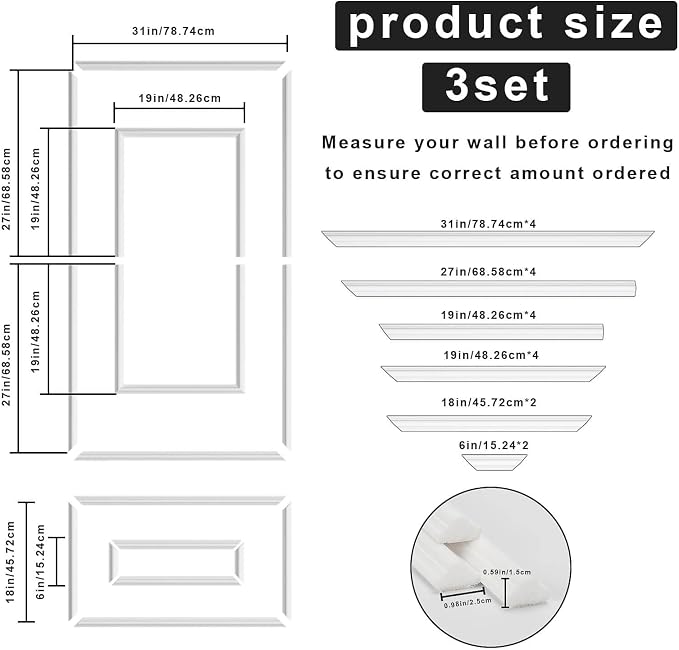 Peel and Stick Wall Molding Kit, 3-Set Double-Layer Frame Panels | Pre-Cut Ready-to-Assemble Wainscoting, Paintable Polystyrene Trim for Accent Walls, Living Rooms & Bedrooms, 31 x 54 in - Image 2