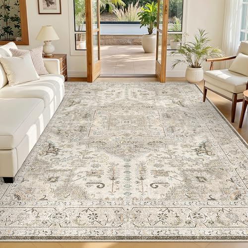 Madane 5x7 Area Rugs for Living Room, Non-Slip Washable Rug, Ivory/Brown by Madane
