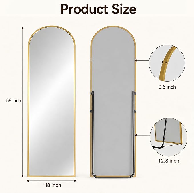 Antok Full Length Mirror, 58"x18" Floor Mirror with Stand, Gold, Arched - Image 7