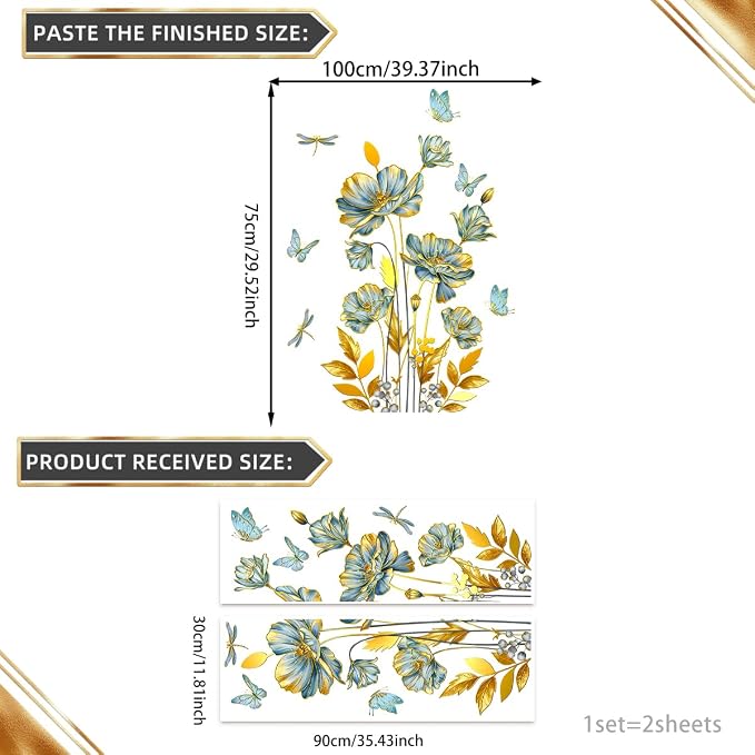 Blue and Gold Floral Wall Decals with Butterflies and Dragonflies, Large Flower Wall Stickers, 39.37x29.52 Inch, Bedroom Living Room Decor (Blue and Gold) - Image 3