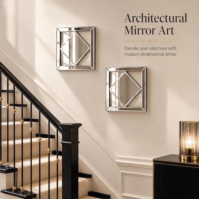 Square Decorative Wall Mirror 12 x 12 Inch, Silver Frameless Mirror Wall Decor with Beveled Edge, Modern Wall Mounted Accent Mirror for Living Room, Bedroom, Hallway, Set of 2 - Image 4