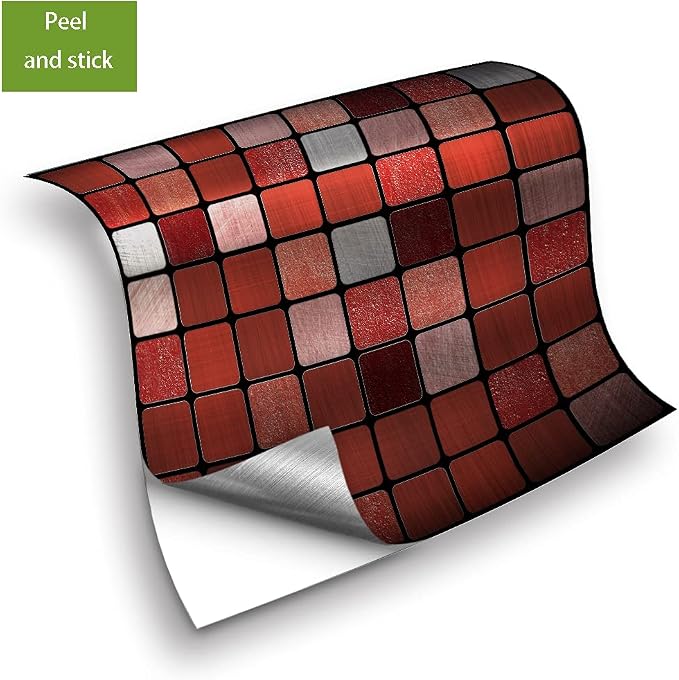Alwayspon 25 Pcs Brushed Silver Self-Adhesive Peel and Stick Tile Decal, Water-Proof Backsplash Wall Tile Sticker for Kitchen Bathroom Decor, Red Metallic Mosaic, 4x4inch - Image 6