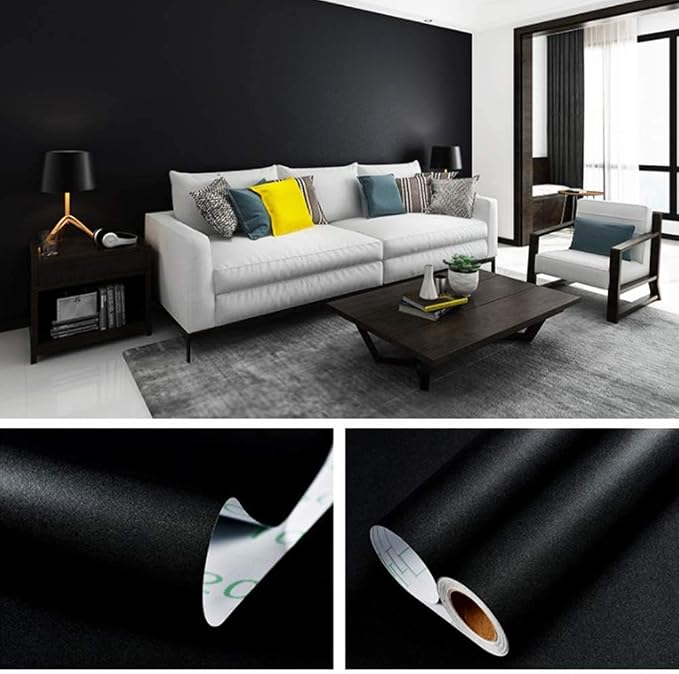 practicalWs 15.7" x393.7" Black Wallpaper Self Adhesive and Removable | Peel and Stick Vinyl Film Stick Paper Easy to Apply Wall Coverings Shelf Home Decorative Liner Table and Door Reform - Image 2