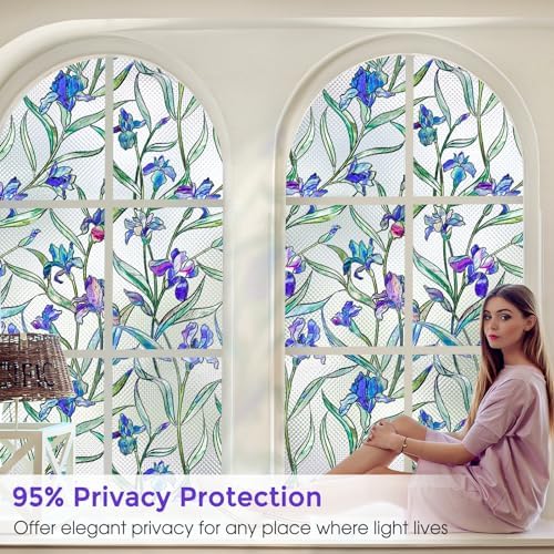 Stained Glass Window Film,3D Violet Floral Privacy Static Cling,35.4x78.7 - Image 3