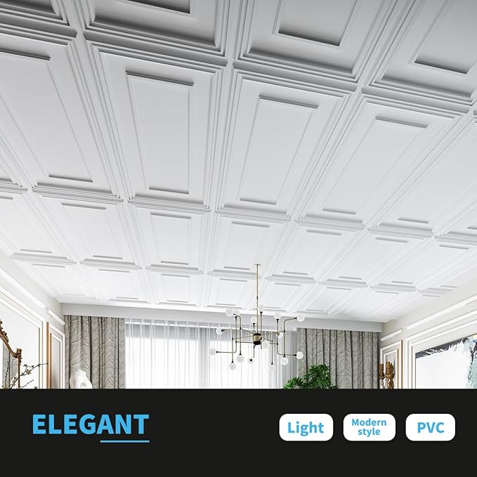 Art3d PVC Ceiling Tiles, 3D Plastic Sheet in White, 2 × 4 ft, 12-Pack | Lightweight, Waterproof, No Sag and Breakage, Compatible with Grid System, Perfect for Basement, Kitchen - Image 3