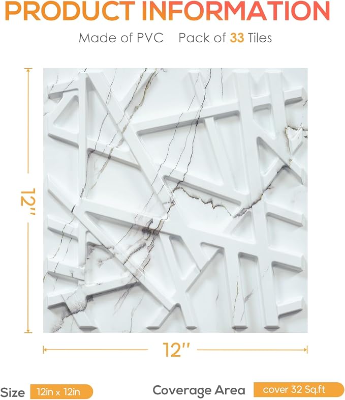 LEVOWAY 33 Pack 3D Wall Panels for Interior Wall Decor, 12''x12'' White Marble Accent Textured Wall Panels for Living Room, Gaming Room, TV Background, Cover 32 Sq.Ft - Image 5
