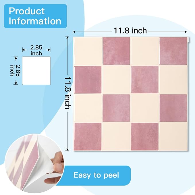 Art3d Grid Peel and Stick Backsplash, 10-Pack, 12" x 12", Pink & Warm White | Enhanced Thickness, Strong Adhesion, Moisture Resistant, Long-Lasting, Minimalist Look, DIY Friendly, for Kitchen Countertops - Image 7