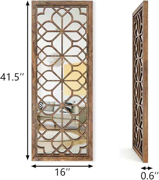 Set of 2 16x41.5 Inch Large Carved Floral Wood Frame Wall Mirrors, Shatterproof Boho Farmhouse Rustic Accent Mirrors for Living Room, Bedroom, Bathroom, Entryway & Home Wall Decor，Maroon - Image 2