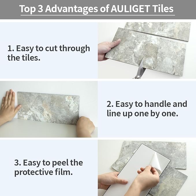 AULIGET 2-Piece Peel and Stick Backsplash Wall Tiles, 6" x 12" Grey & Beige Slate PVC Faux Stone Stick on Tiles for Backsplash Kitchen - Image 7