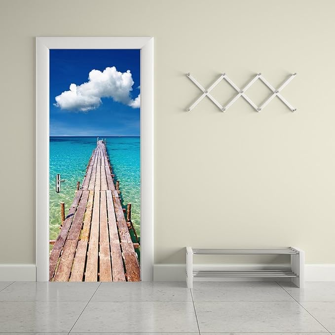 Door Stickers Peel Stick Murals-Wall Covers Decorative Decal Beach Pier | 30.3"W x 78.7"H, 3D Beach Pier Wallpaper，Waterproof Removable Opaque Vinyl Self Adhesive Fake Door Decor for Home Office by ChezMax