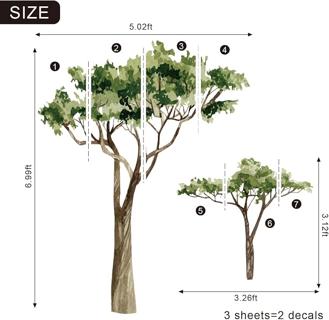 7.4 Ft x 5.9 Ft Safari Acacia Tree Decals, Oversized for Nursery | Peel and Stick Tropical Wall Mural, Watercolor Block Style, Self-Adhesive Jungle Themed for Living Room and Kindergarten - Image 4