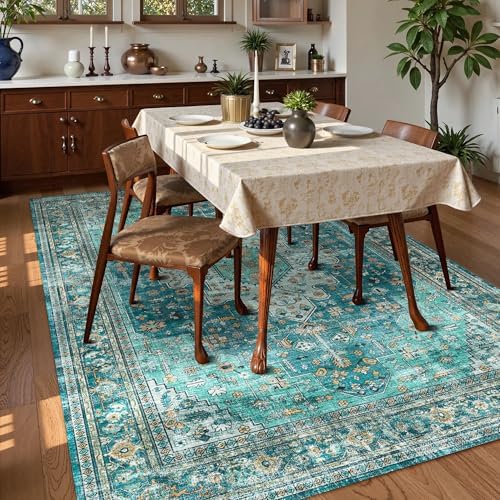 Washable Area Rug 6' x 9' Vintage Traditional Persian Mat - Foldable Distressed Non-Slip Machine Washable Carpet for Living Room Bedroom Kitchen Home Decor - Teal and Gold - Image 3