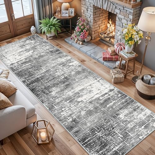 Washable 12ft Kitchen Area Rug: Abstract Entryway Rug Runner Soft Bedroom Besides Floor Mat Non-Slip Indoor Carpet for Bathroom Living Room Stain Resistant Runner for Family(2'6x12,Black/Grey) - Image 4